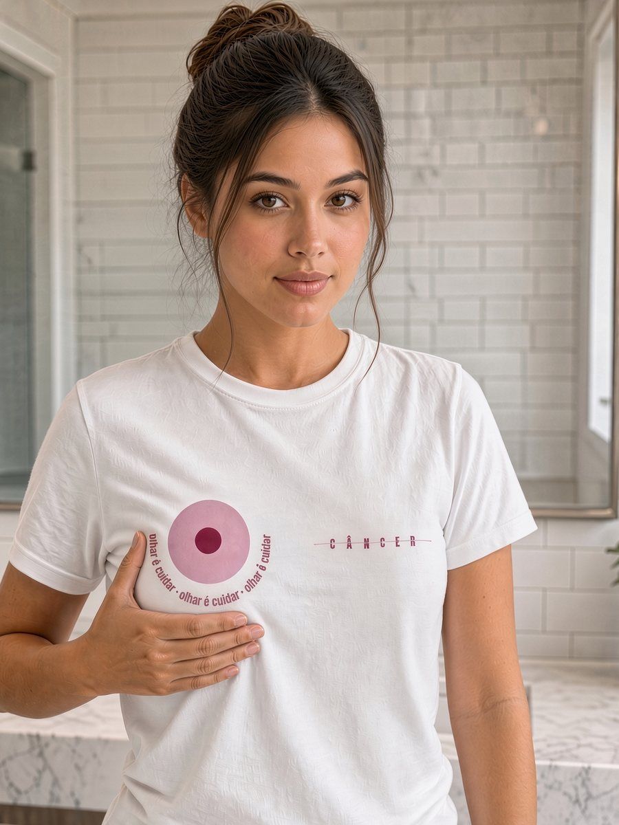 Mulher com a camiseta do Outubro Rosa, a mão sobre a mama, no gesto do autoexame